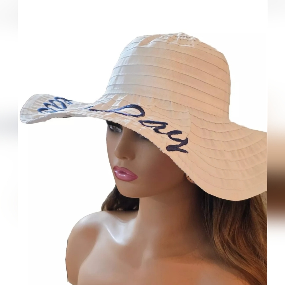 Seas the Day Sun Beach Hat  Sz OS. Wide Brim Floppy Beach White Navy Nautical - Picture 11 of 13